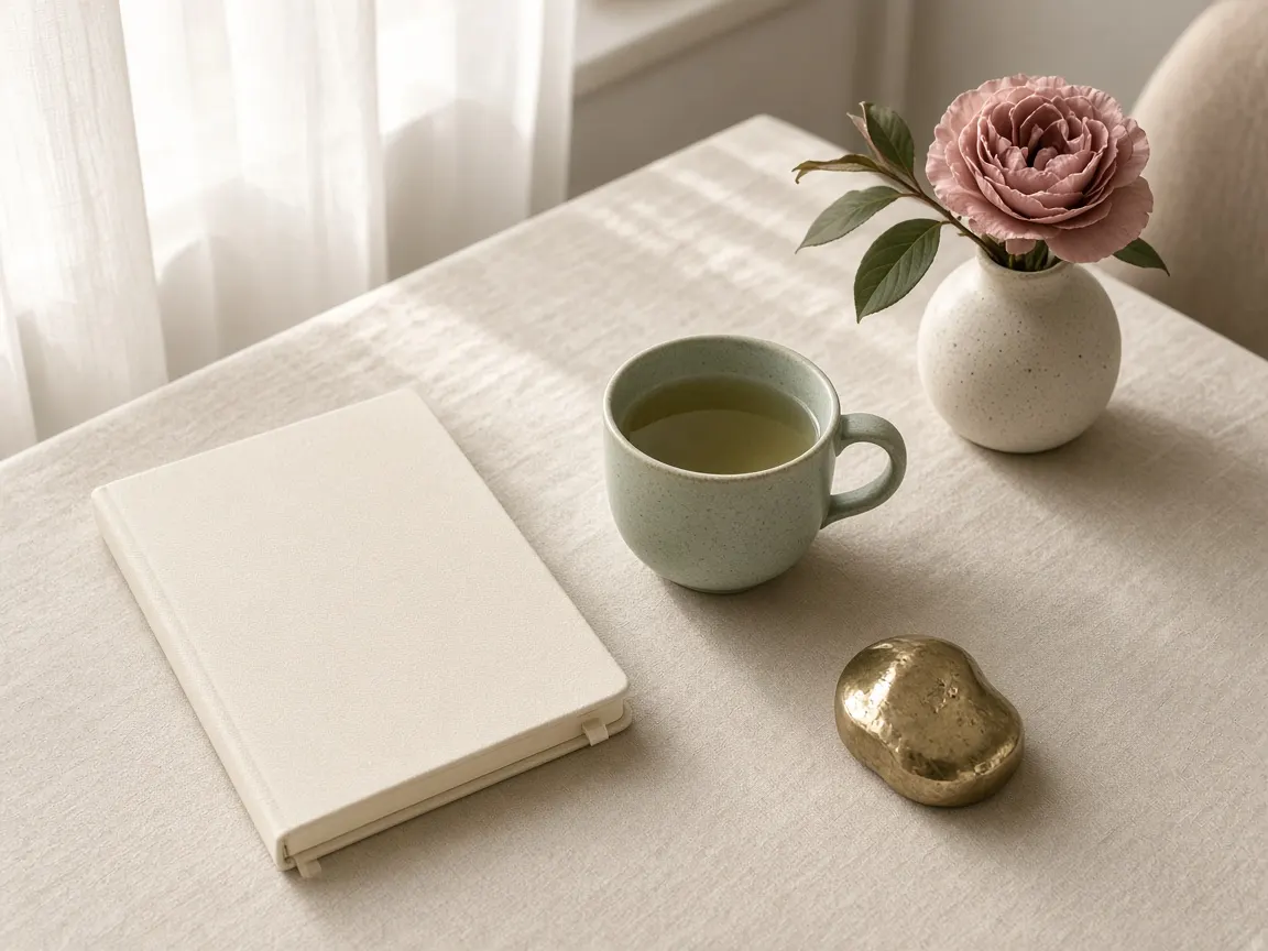 Ivory notebook, sage cup and a single dusty rose on a quiet morning desk