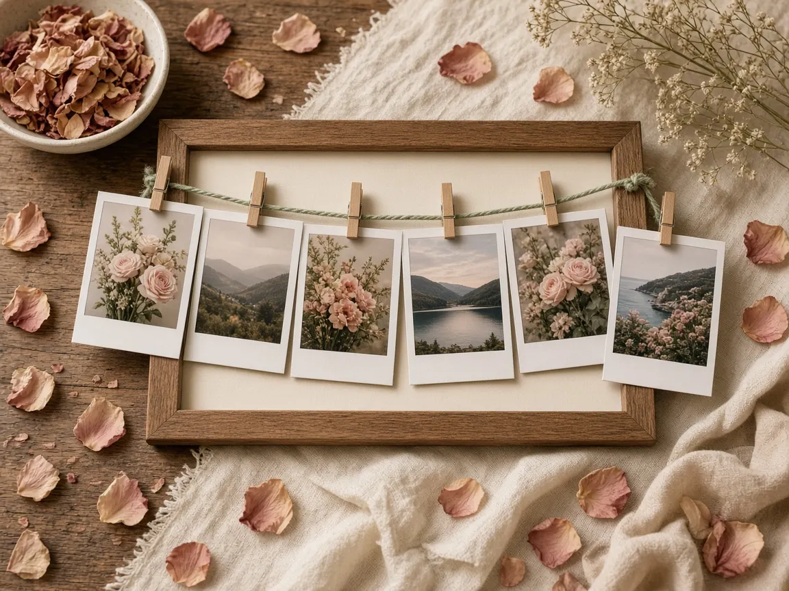 Instant photographs clipped to sage twine above an ivory linen runner and rose petals