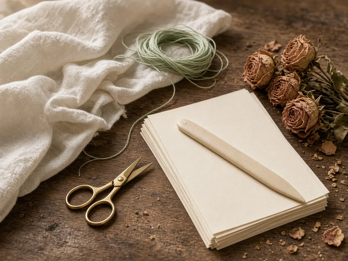 Linen, sage thread, cream paper and dried roses laid out for bookbinding