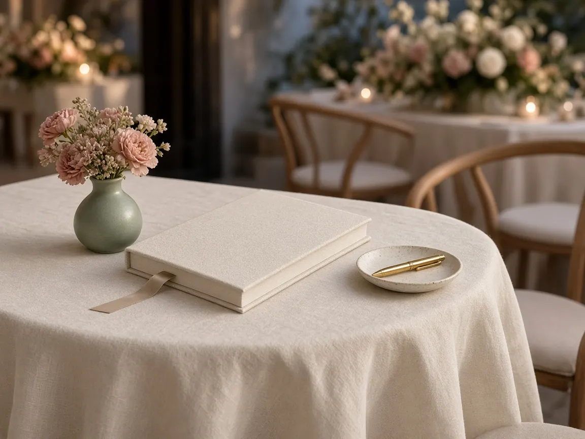 Linen guest book on an ivory signing table with a small vase of dusty rose flowers