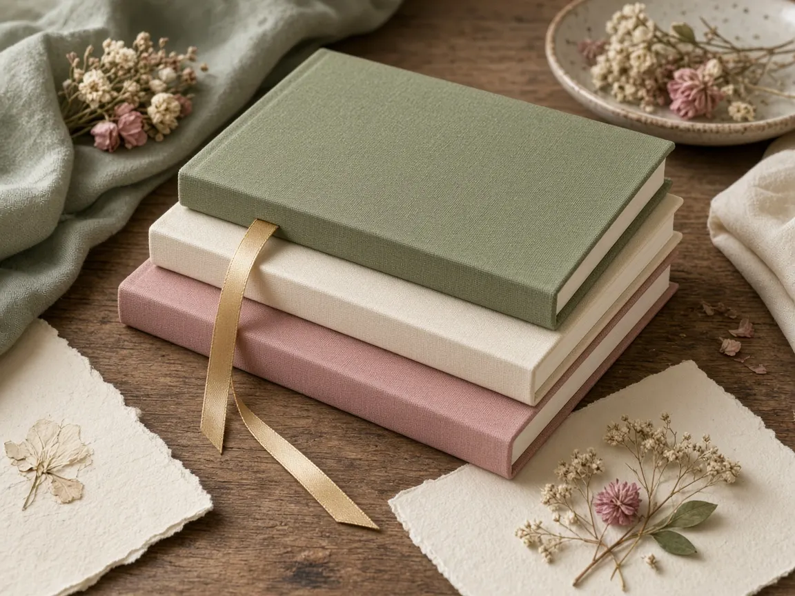 Clothbound journals in sage, ivory and dusty rose with gold ribbon and cream stationery