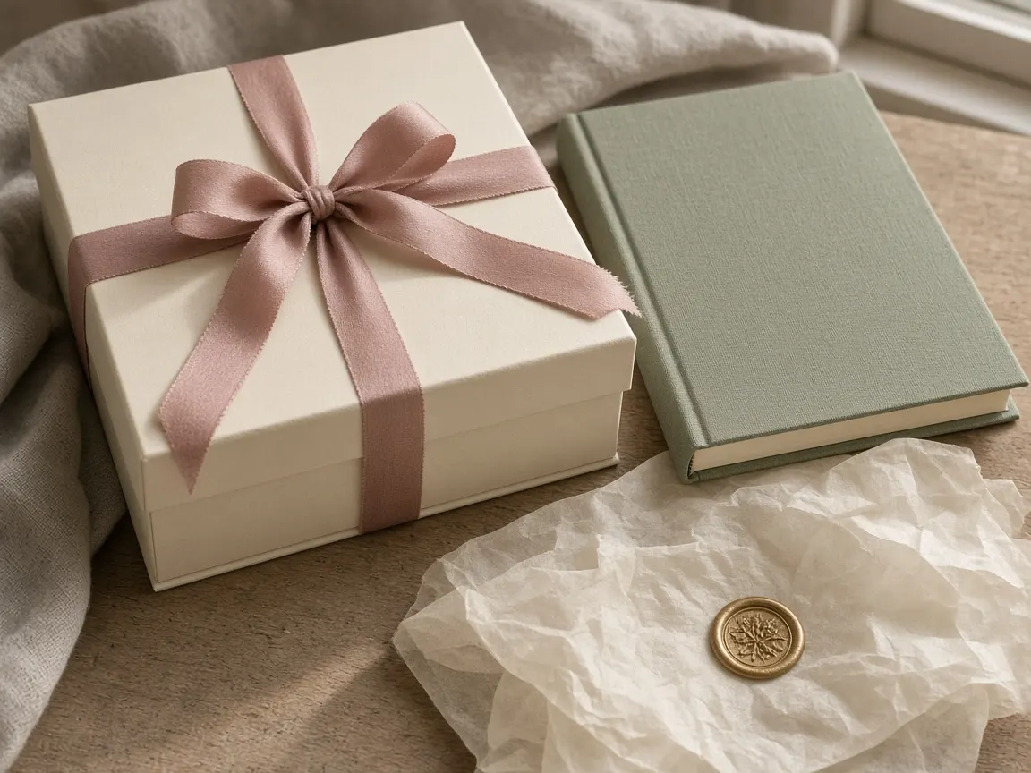 Cream archival box with dusty rose ribbon beside a closed sage linen book
