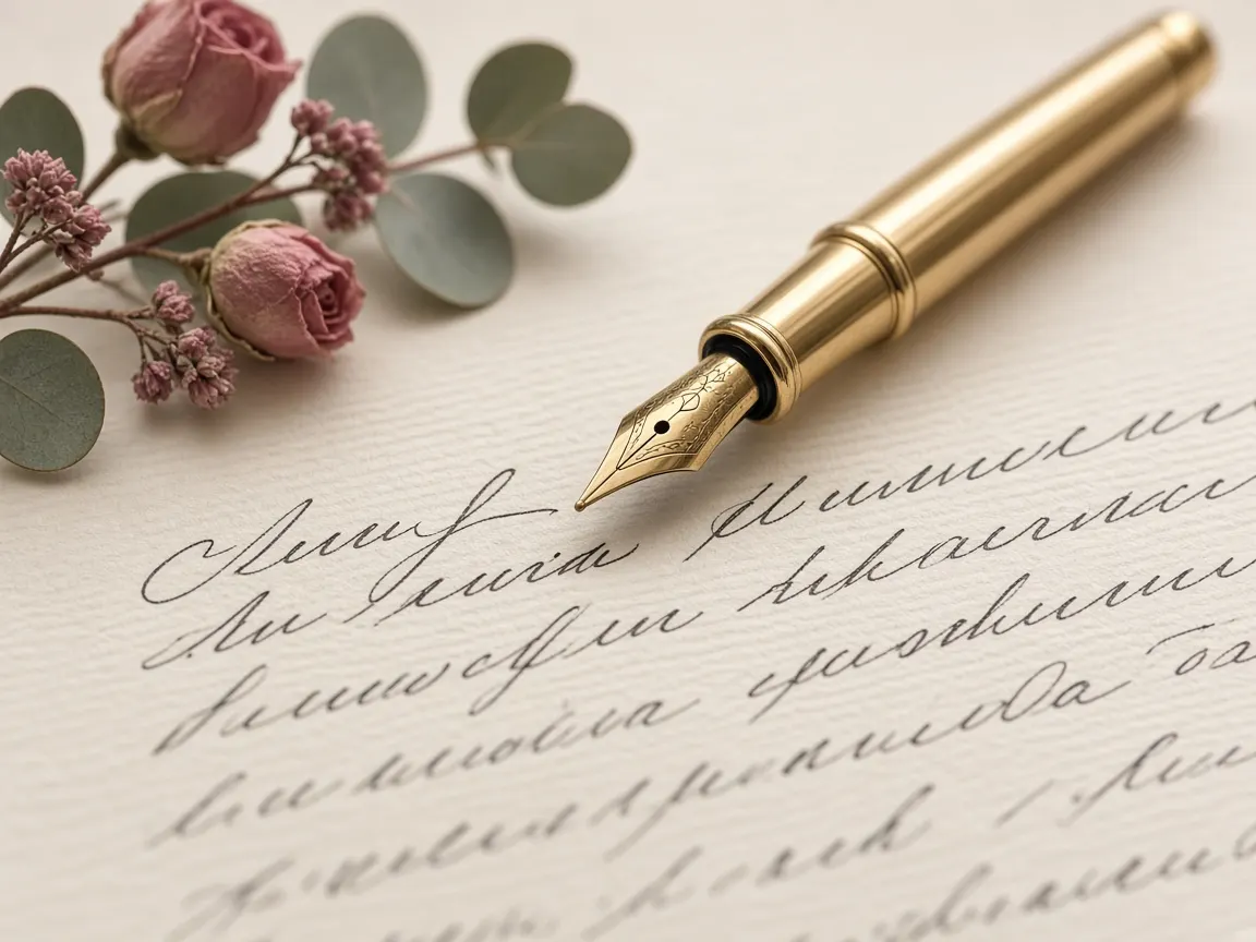 Cream laid paper with a gold fountain pen and a sprig of eucalyptus